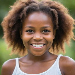 A radiant Melanesian girl with rich brown skin, expressive eyes and a joyous smile.