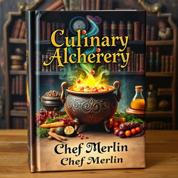 A captivating book cover for 'Culinary Alchemy' by Chef Merlin, featuring a mystical and enchanting scene