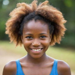 A radiant Melanesian girl with rich brown skin, expressive eyes and a joyous smile.