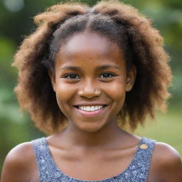 A radiant Melanesian girl with rich brown skin, expressive eyes and a joyous smile.