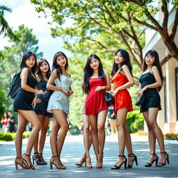 A striking group of Asian college girls, confidently showcasing their stylish and sexy very short dresses, embodying youthful elegance and modern fashion