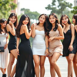 A striking group of Asian college girls, confidently showcasing their stylish and sexy very short dresses, embodying youthful elegance and modern fashion