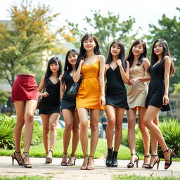 A striking group of Asian college girls, confidently showcasing their stylish and sexy very short dresses, embodying youthful elegance and modern fashion