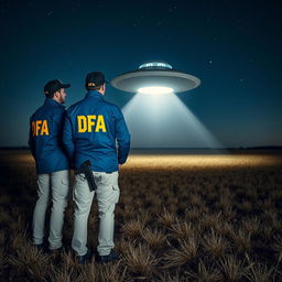 Two investigators examining a UFO in an open field