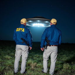 Two investigators examining a UFO in an open field