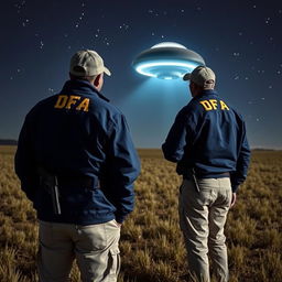 Two investigators examining a UFO in an open field