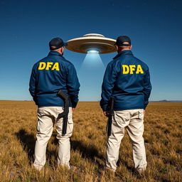 Two investigators examining a UFO in an open field