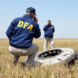 Two investigators examining a crashed UFO in an open field