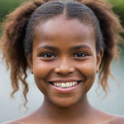 A radiant Melanesian girl with rich brown skin, expressive eyes and a joyous smile.