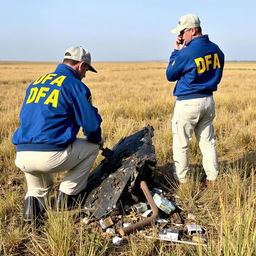 Two investigators examining a crashed UFO in an open field