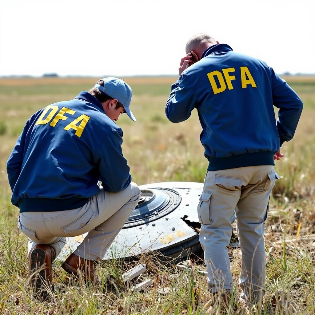 Two investigators examining a crashed UFO in an open field