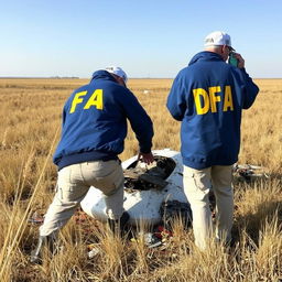 Two investigators examining a crashed UFO in an open field