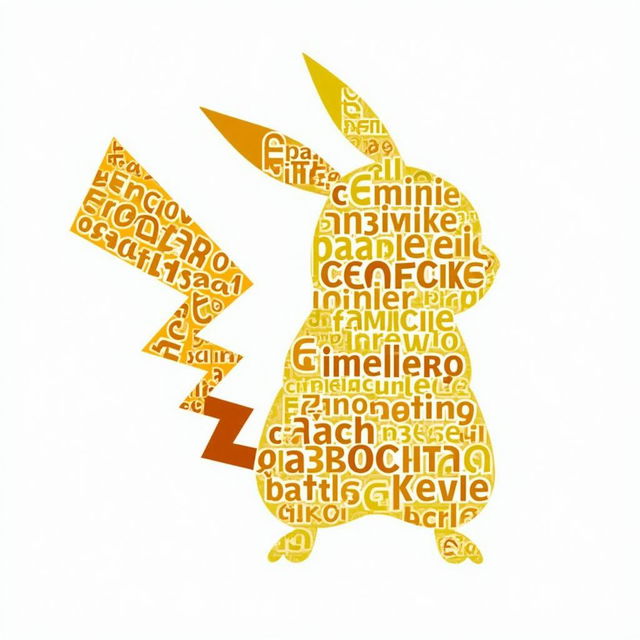 A vibrant, vector-style word cloud in the shape of a well-known Pokemon character, such as Pikachu, using a variety of playful and colorful fonts