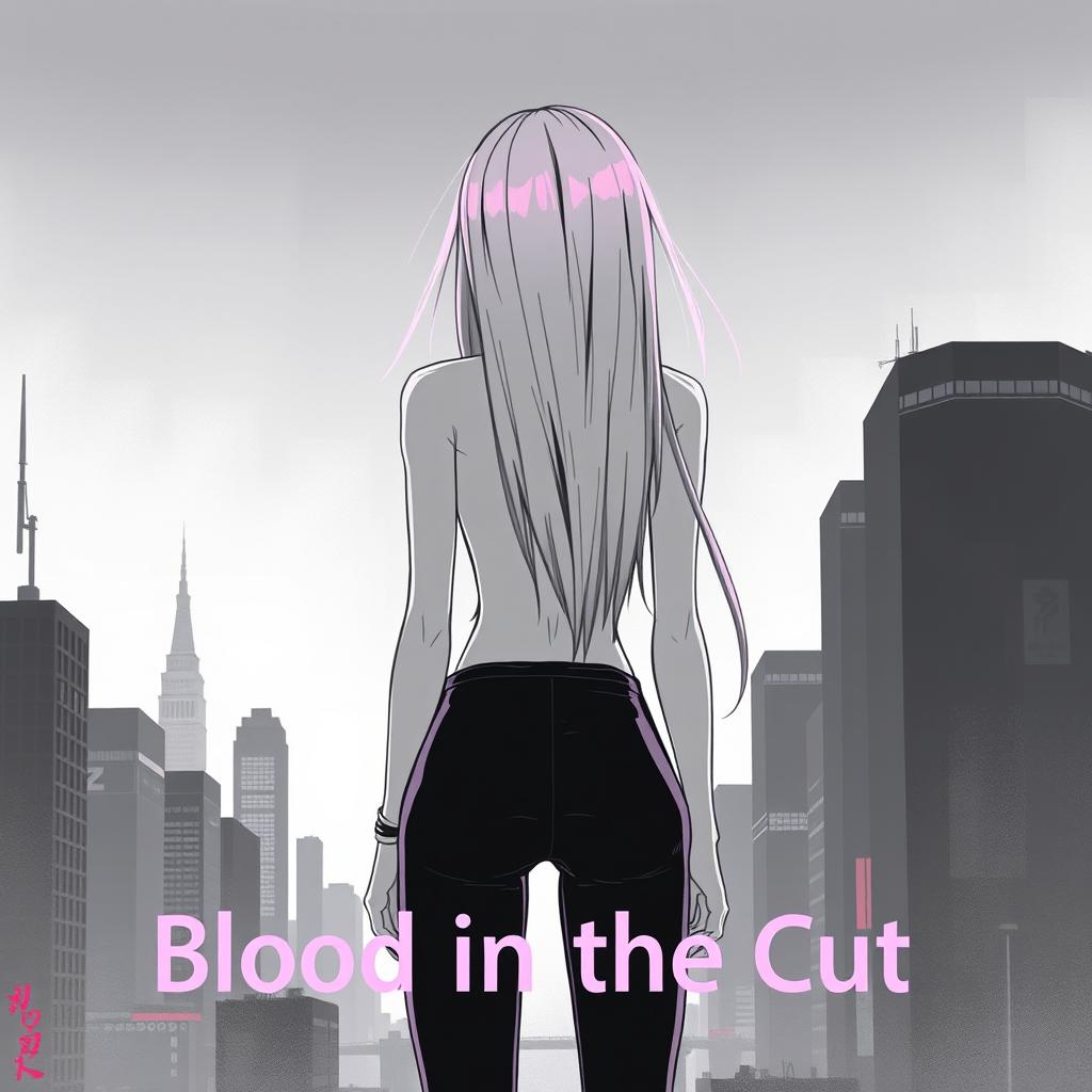 A sleek, long-haired girl standing with her back facing the viewer, set against a backdrop of a cityscape