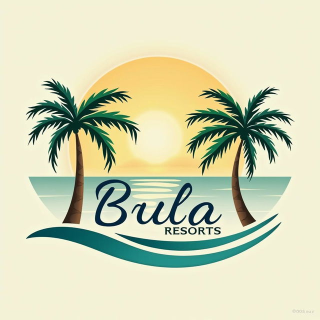 A sophisticated and inviting vector logo for "Bula Resorts," featuring tropical elements such as palm trees, waves, and sun