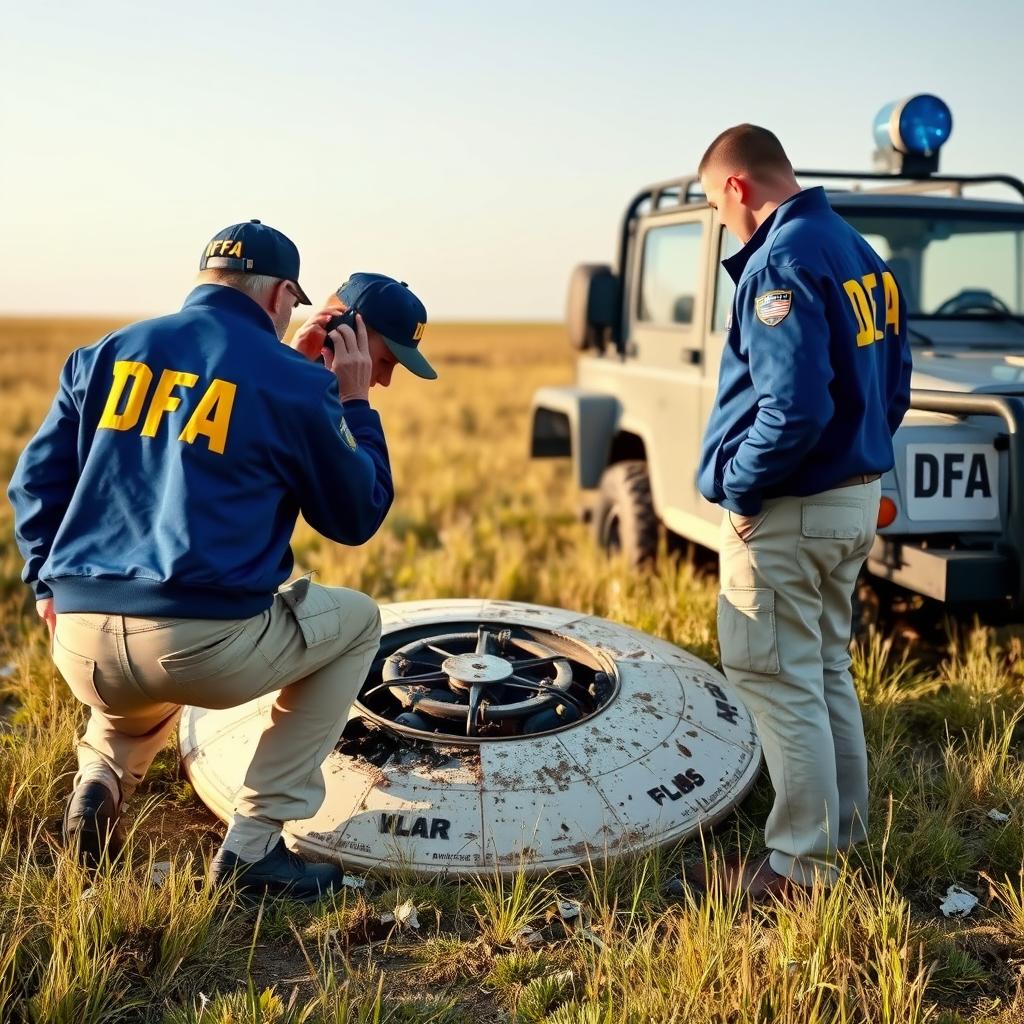 Two investigators examining a crashed UFO in an open field