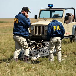 Two investigators examining a crashed UFO in an open field