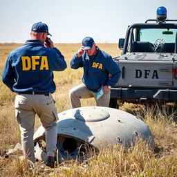 Two investigators examining a crashed UFO in an open field