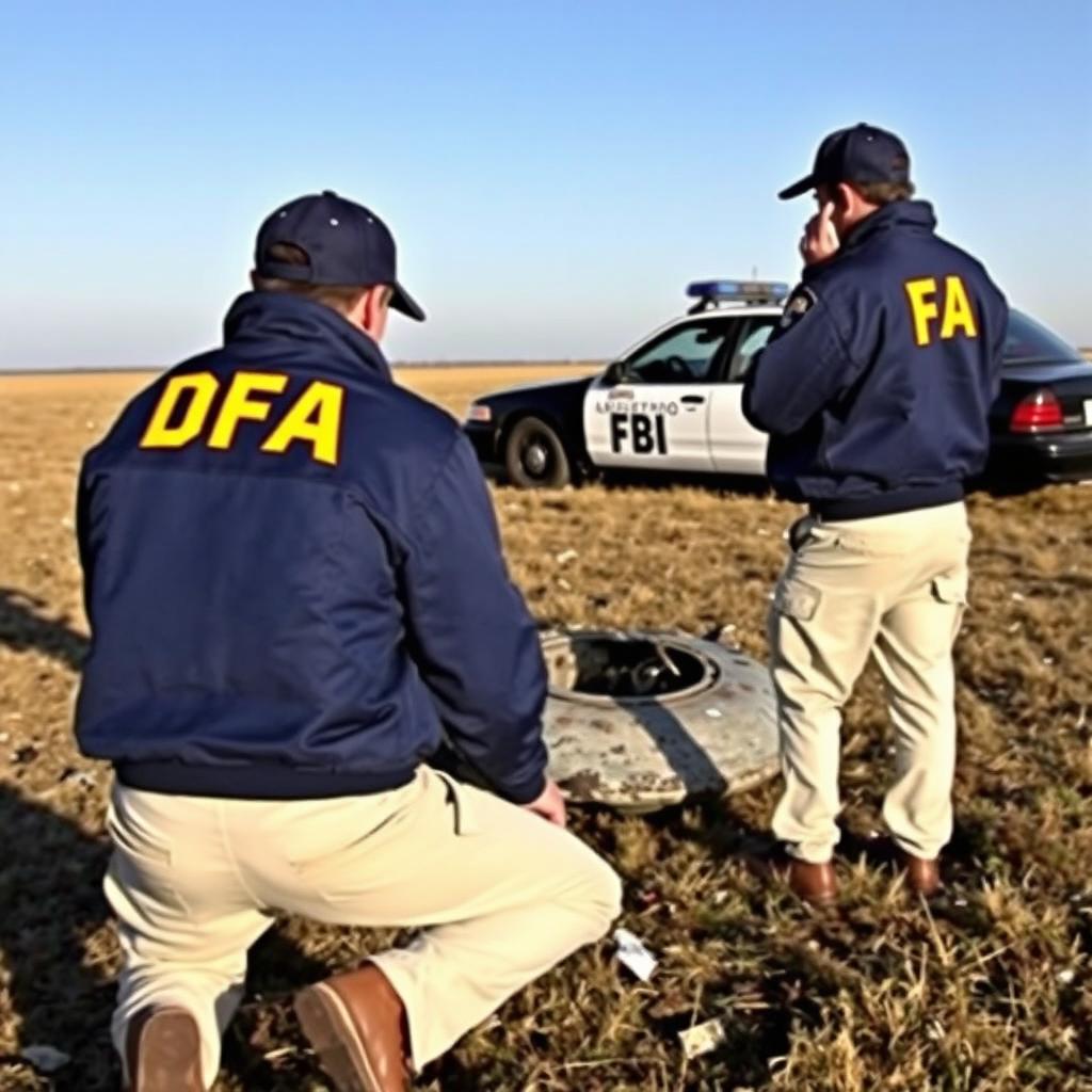 Two investigators examining a crashed UFO in an open field