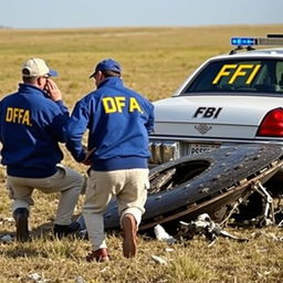 Two investigators examining a crashed UFO in an open field