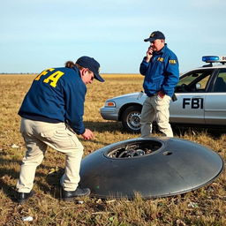 Two investigators examining a crashed UFO in an open field