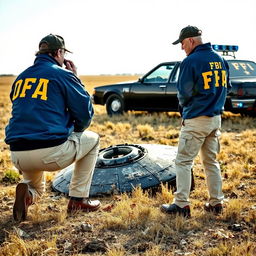 Two investigators examining a crashed UFO in an open field