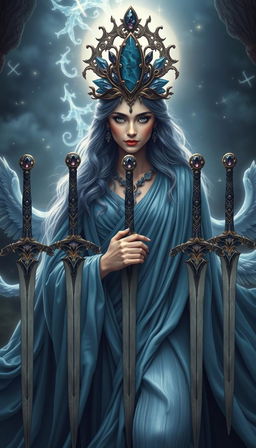 The Goddess of Swords exudes an aura of divine grace and wisdom, enveloped in a realm of mysticism