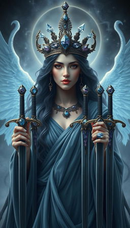 The Goddess of Swords exudes an aura of divine grace and wisdom, enveloped in a realm of mysticism