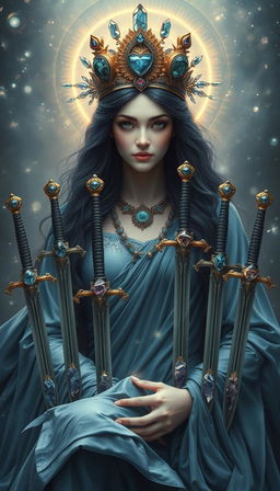 The Goddess of Swords exudes an aura of divine grace and wisdom, enveloped in a realm of mysticism