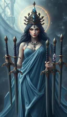 The Goddess of Swords exudes an aura of divine grace and wisdom, enveloped in a realm of mysticism