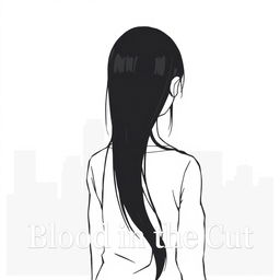 A figure of a girl with long straight black hair seen from behind, set against a cityscape background