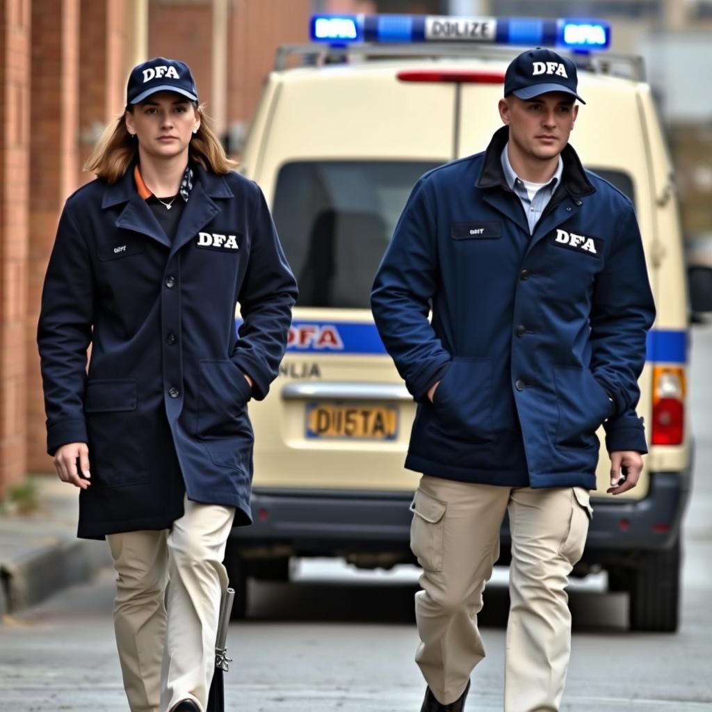 Two investigators walking, wearing blue coats labeled 'DFA', cream-colored pants with pockets, and caps labeled 'DFA'