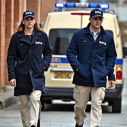 Two investigators walking, wearing blue coats labeled 'DFA', cream-colored pants with pockets, and caps labeled 'DFA'