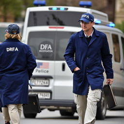 Two investigators walking, wearing blue coats labeled 'DFA', cream-colored pants with pockets, and caps labeled 'DFA'