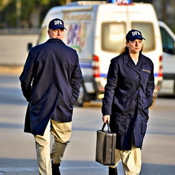 Two investigators walking, wearing blue coats labeled 'DFA', cream-colored pants with pockets, and caps labeled 'DFA'