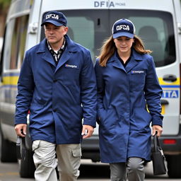 Two investigators walking, wearing blue coats labeled 'DFA', cream-colored pants with pockets, and caps labeled 'DFA'