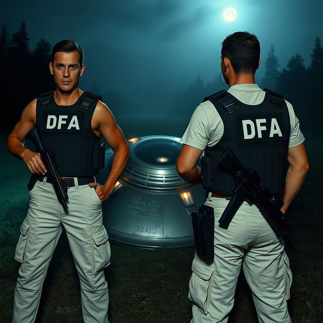 Two men wearing bulletproof vests labeled DFA, dressed in cream-colored pants with pockets, each visibly carrying a firearm at the waist and equipped with earpiece communicators