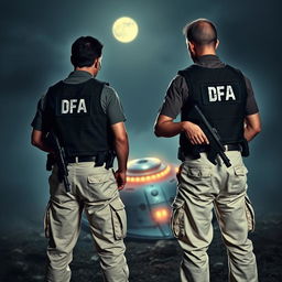 Two men wearing bulletproof vests labeled DFA, dressed in cream-colored pants with pockets, each visibly carrying a firearm at the waist and equipped with earpiece communicators