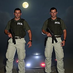 Two men wearing bulletproof vests labeled DFA, dressed in cream-colored pants with pockets, each visibly carrying a firearm at the waist and equipped with earpiece communicators