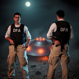 Two men wearing bulletproof vests labeled DFA, dressed in cream-colored pants with pockets, each visibly carrying a firearm at the waist and equipped with earpiece communicators