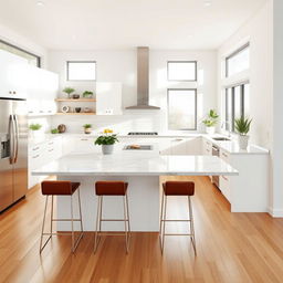 A modern kitchen with a minimalist design, featuring sleek white cabinetry and a spacious island with a marble countertop