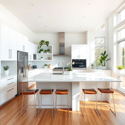 A modern kitchen with a minimalist design, featuring sleek white cabinetry and a spacious island with a marble countertop