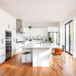 A modern kitchen with a minimalist design, featuring sleek white cabinetry and a spacious island with a marble countertop