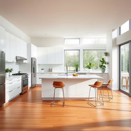 A modern kitchen with a minimalist design, featuring sleek white cabinetry and a spacious island with a marble countertop