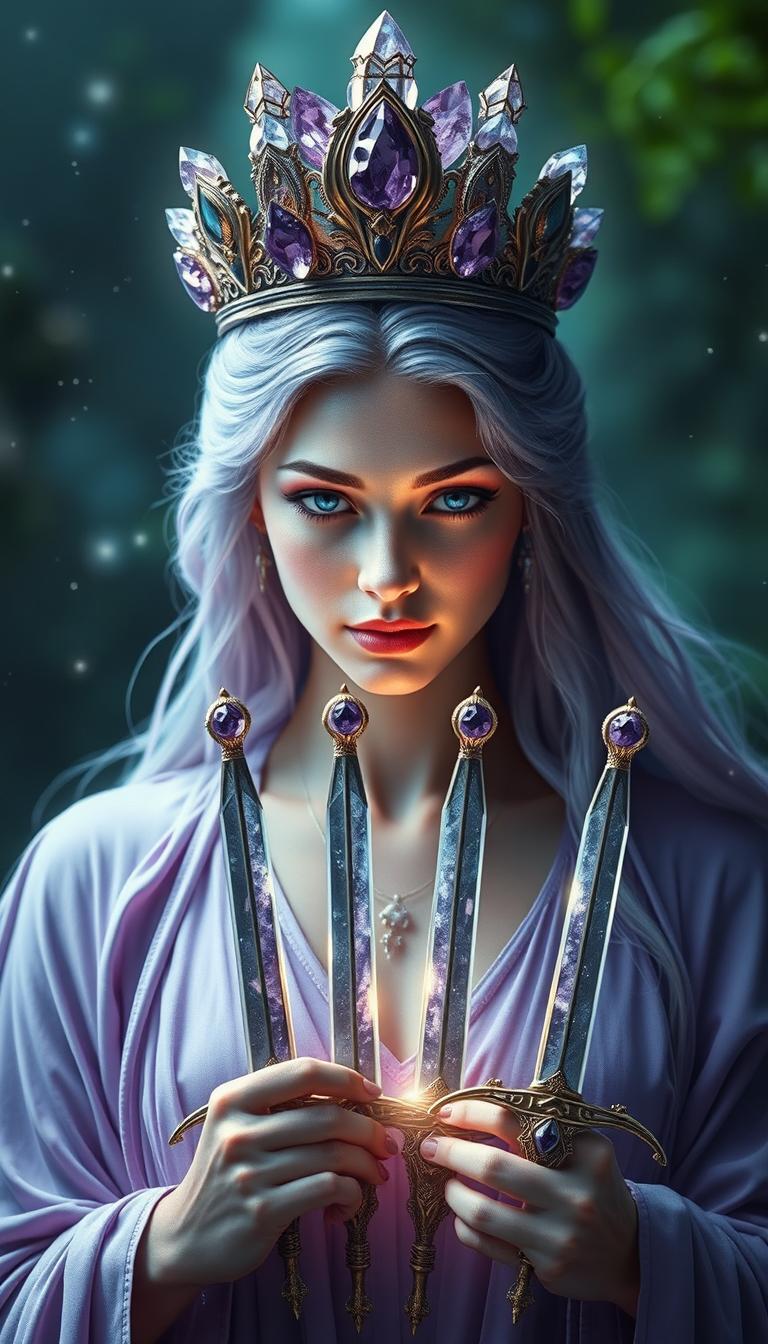 The Goddess of Swords exudes an aura of divine grace and wisdom, enveloped in a realm of mysticism