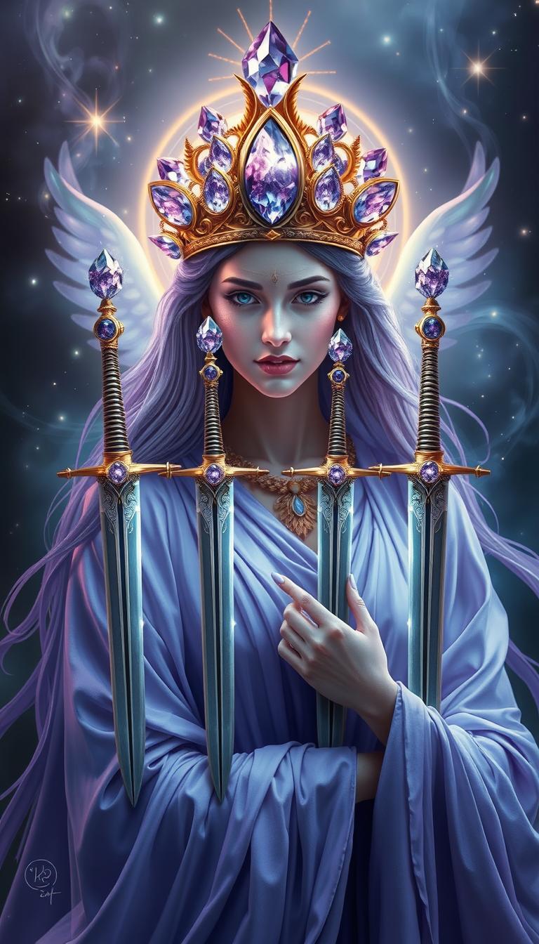 The Goddess of Swords exudes an aura of divine grace and wisdom, enveloped in a realm of mysticism