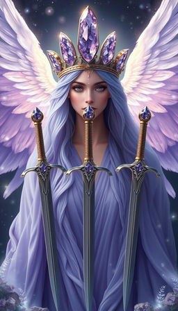 The Goddess of Swords exudes an aura of divine grace and wisdom, enveloped in a realm of mysticism