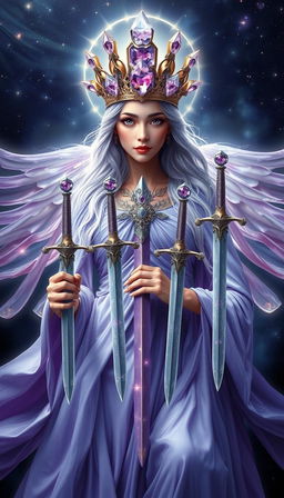 The Goddess of Swords exudes an aura of divine grace and wisdom, enveloped in a realm of mysticism