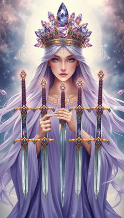 The Goddess of Swords exudes an aura of divine grace and wisdom, enveloped in a realm of mysticism