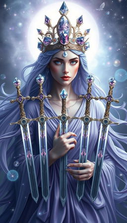 The Goddess of Swords exudes an aura of divine grace and wisdom, enveloped in a realm of mysticism